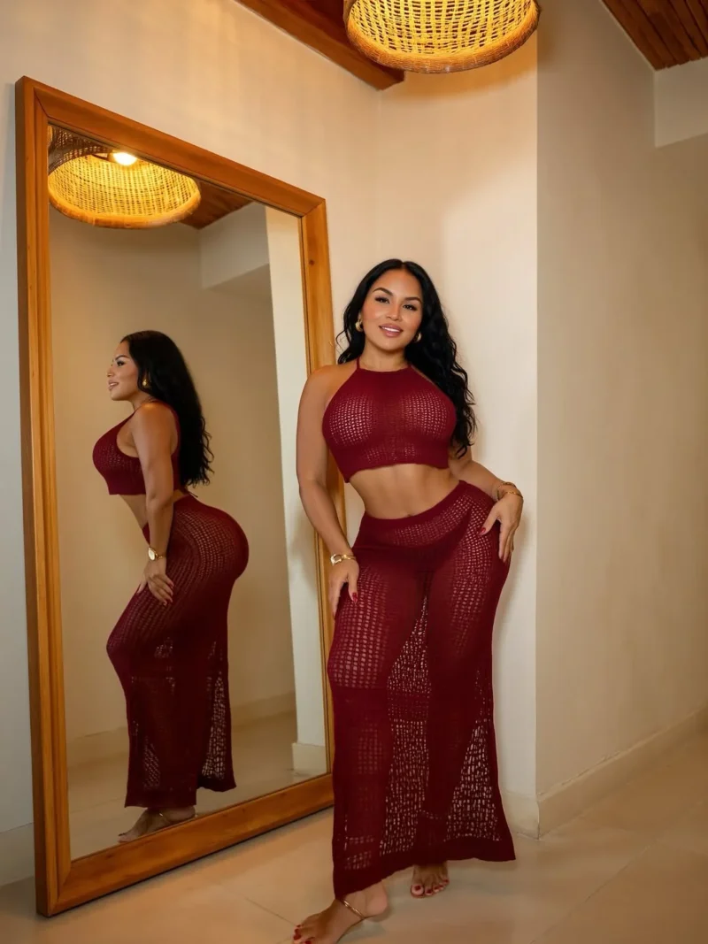 Naughty Dolly Castro in sheer maroon mesh set poses by mirror, leaks her thick curves