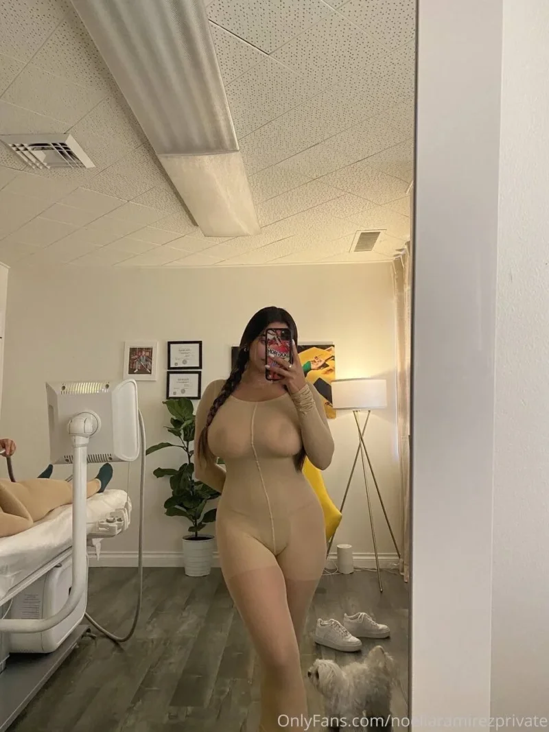 Curvy Noelia Ramirez in nude bodysuit takes mirror selfie, big tits on display