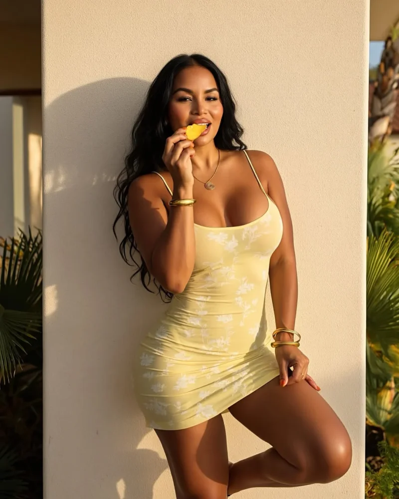 Flirty Dolly Castro in tight yellow dress bites fruit while posing against wall