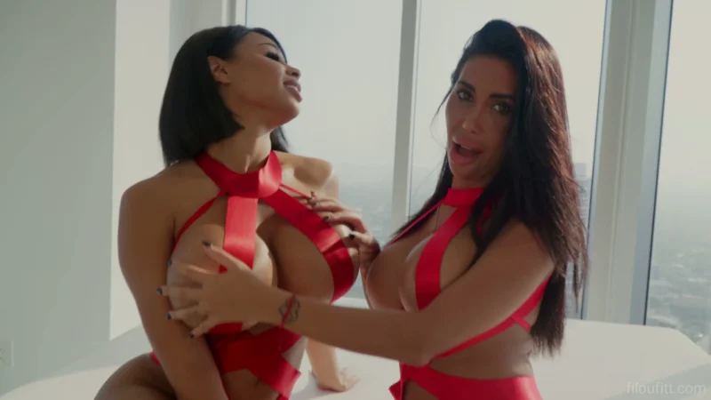Sultry Anni Star in red strappy lingerie gets her tits groped by another woman