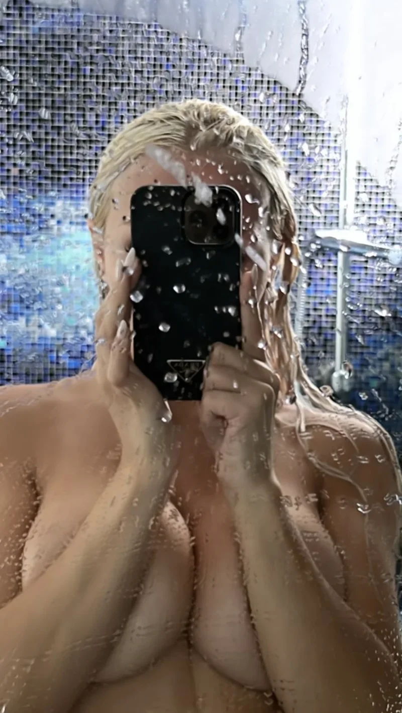 Nude Daniella Chavez taking a shower selfie with water dripping down her tits